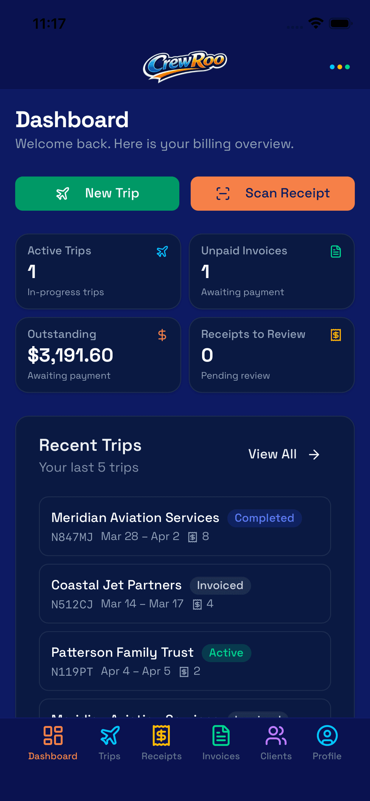 CrewRoo receipt scanning screen — capture a receipt and extract the details automatically