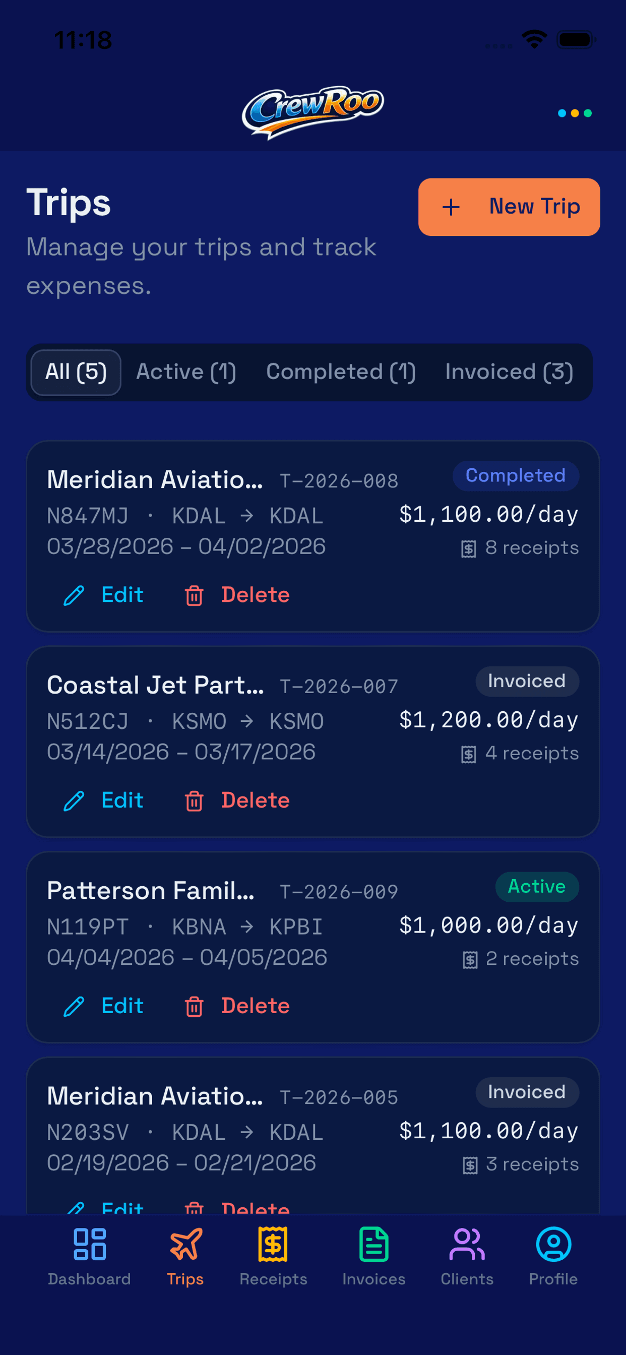 CrewRoo trips screen showing expenses organized by trip and tail number
