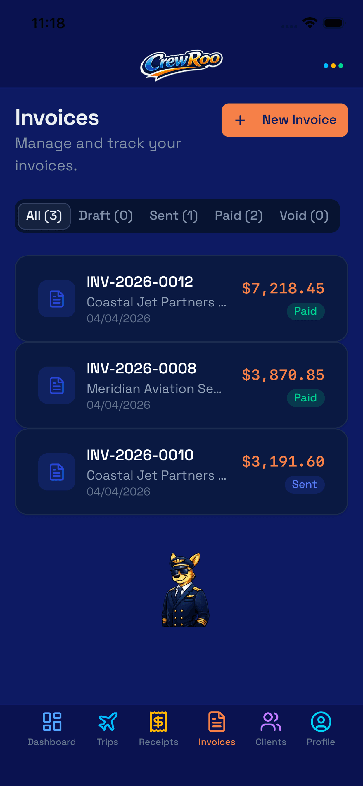 CrewRoo invoices screen showing invoices with amounts and Paid or Sent status