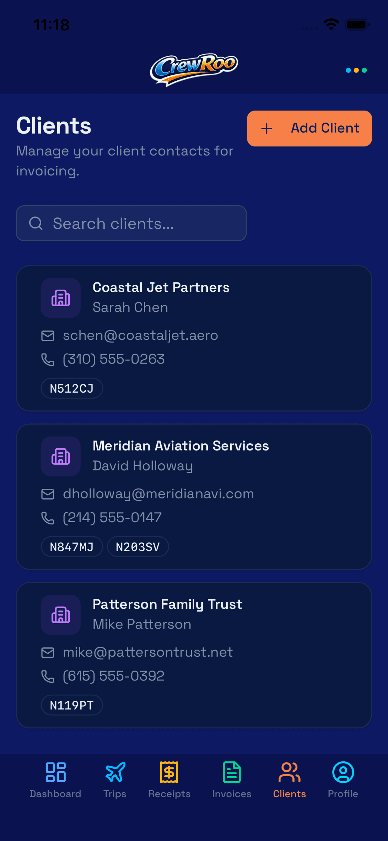 CrewRoo clients screen with client cards showing contacts, emails, phone numbers, and associated tail numbers